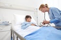 Child lying in bed in hospital room and nurse measuring his pressure with sphygmomanometer and stethoscope. Royalty Free Stock Photo